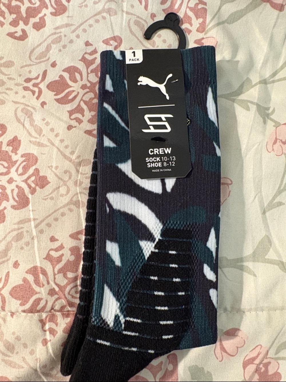 Puma Men’s Crew Socks - Black, White & Teal Leaf Pattern